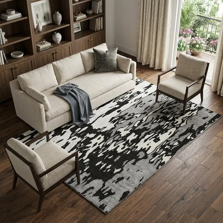 Black Ivory And Gray Abstract Washable Area Rug With UV Protection Photo 1