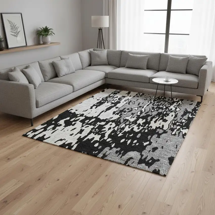 Black Ivory And Gray Abstract Washable Area Rug With UV Protection Photo 2