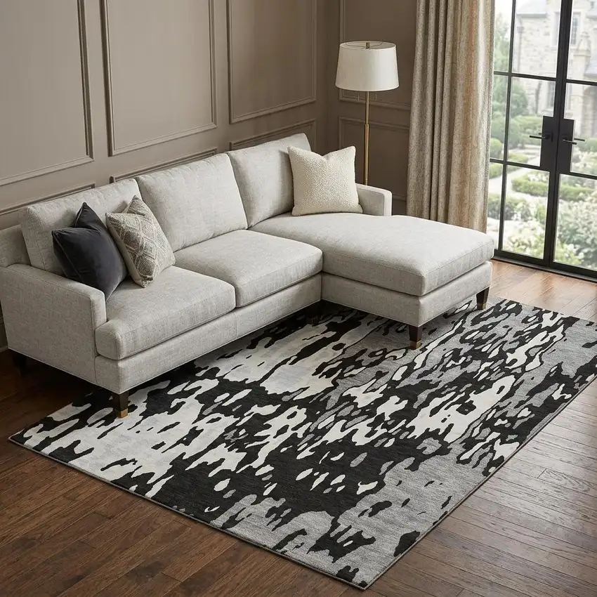 Black Ivory And Gray Abstract Washable Area Rug With UV Protection Photo 1