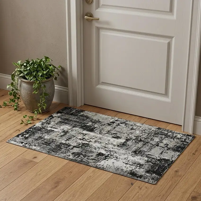 Black Ivory And Gray Abstract Washable Area Rug With UV Protection Photo 1