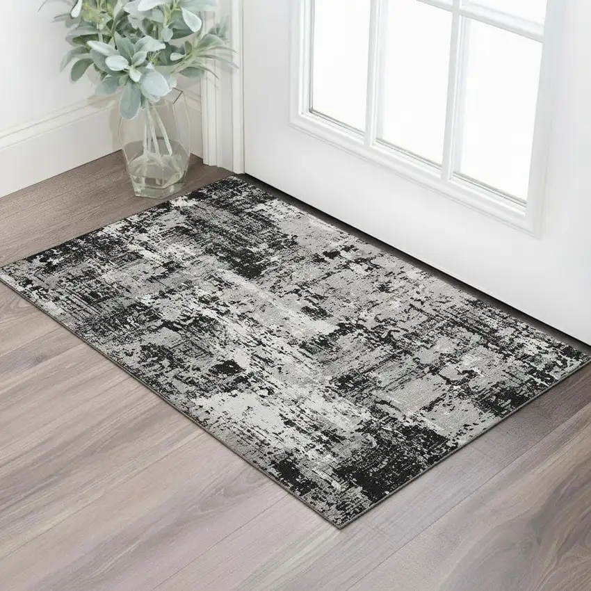 Black Ivory And Gray Abstract Washable Area Rug With UV Protection Photo 2