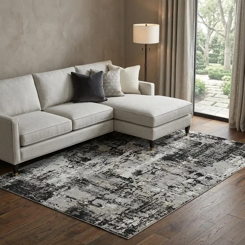 Black Ivory And Gray Abstract Washable Area Rug With UV Protection Photo 1