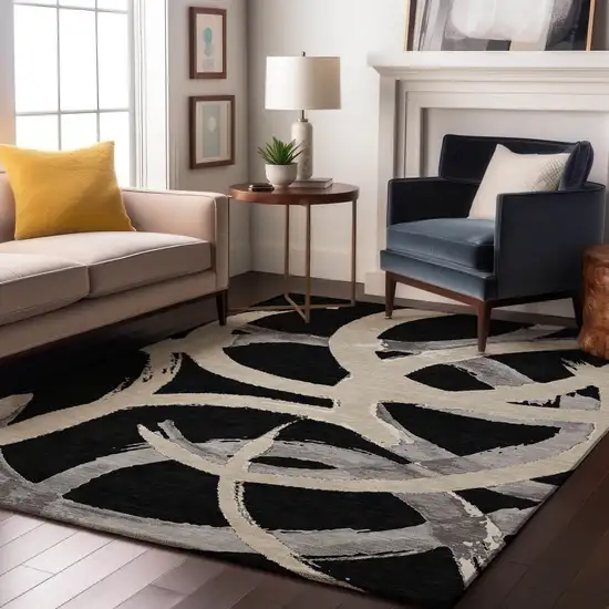 Black Ivory And Gray Abstract Washable Area Rug With UV Protection Photo 4