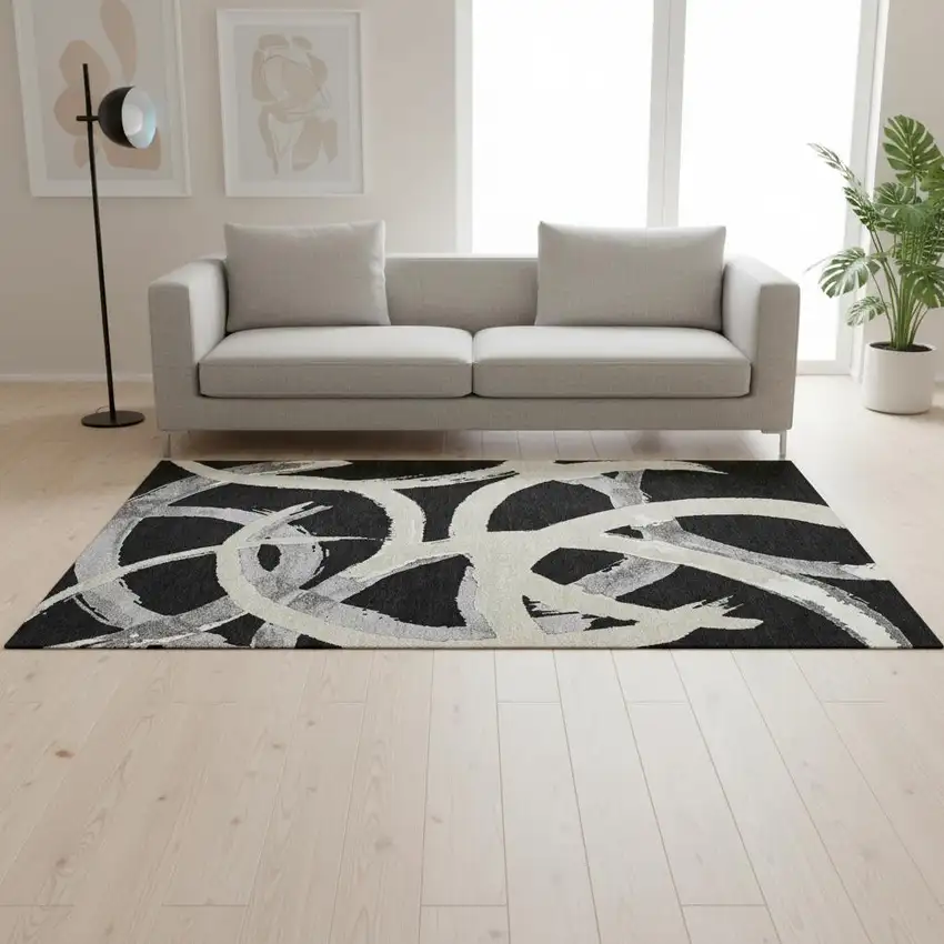 Black Ivory And Gray Abstract Washable Area Rug With UV Protection Photo 2