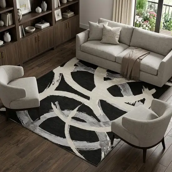 Black Ivory And Gray Abstract Washable Area Rug With UV Protection Photo 1