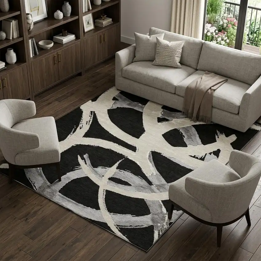 Black Ivory And Gray Abstract Washable Area Rug With UV Protection Photo 1