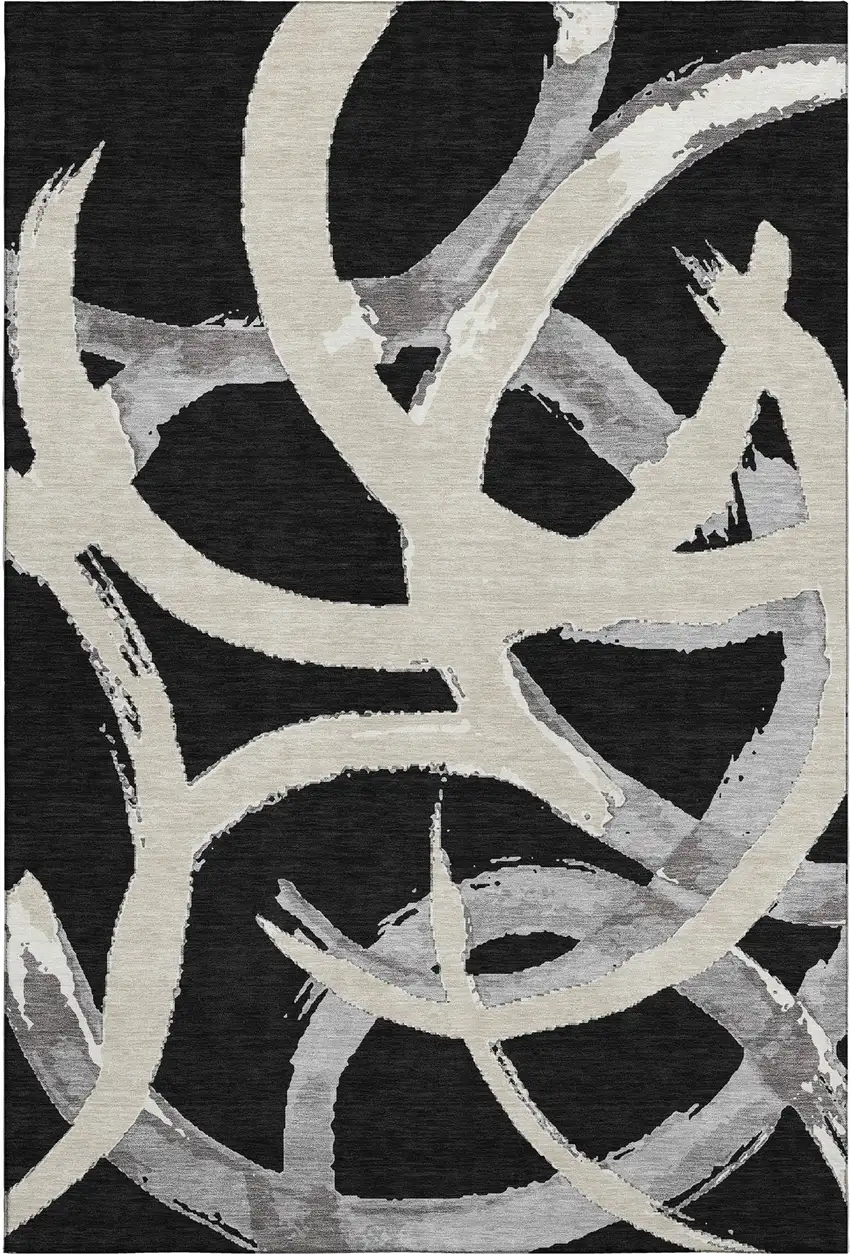 Black Ivory And Gray Abstract Washable Area Rug With UV Protection Photo 1