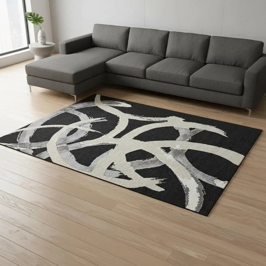 Black Ivory And Gray Abstract Washable Area Rug With UV Protection Photo 2