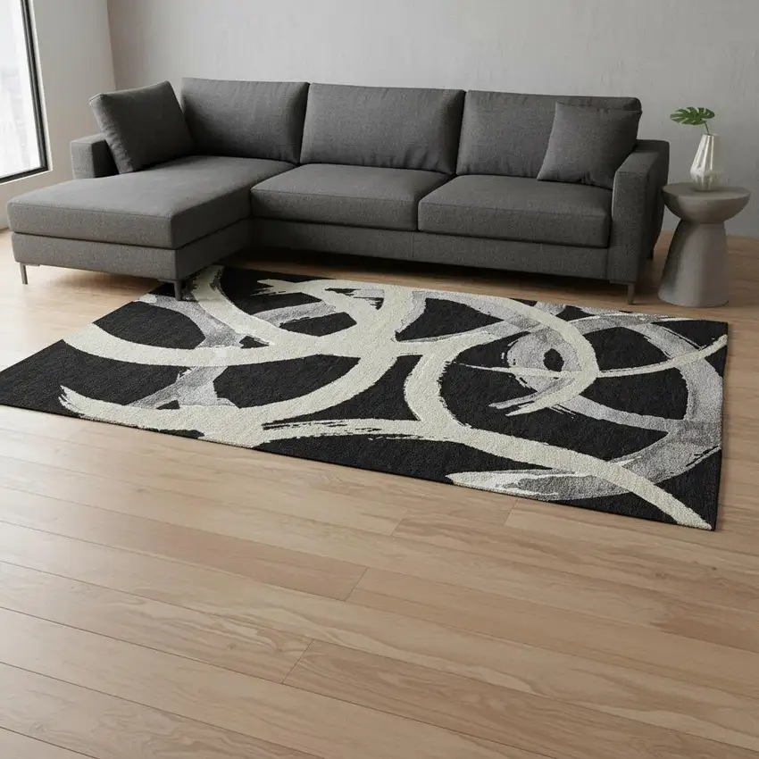 Black Ivory And Gray Abstract Washable Area Rug With UV Protection Photo 2