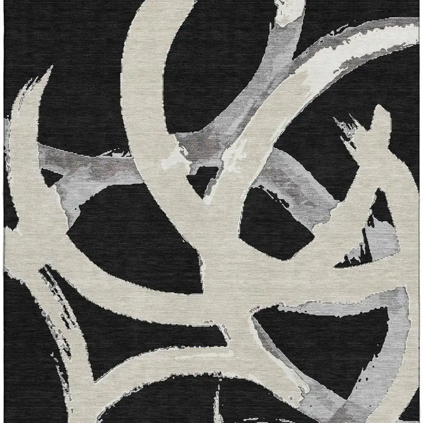 Black Ivory And Gray Abstract Washable Area Rug With UV Protection Photo 2
