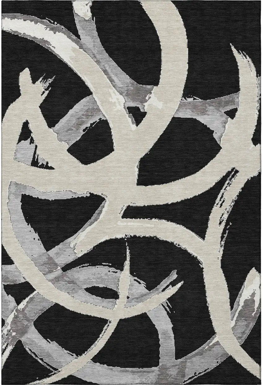 Black Ivory And Gray Abstract Washable Area Rug With UV Protection Photo 3