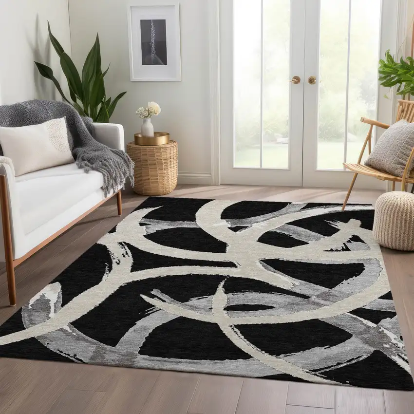 Black Ivory And Gray Abstract Washable Area Rug With UV Protection Photo 5