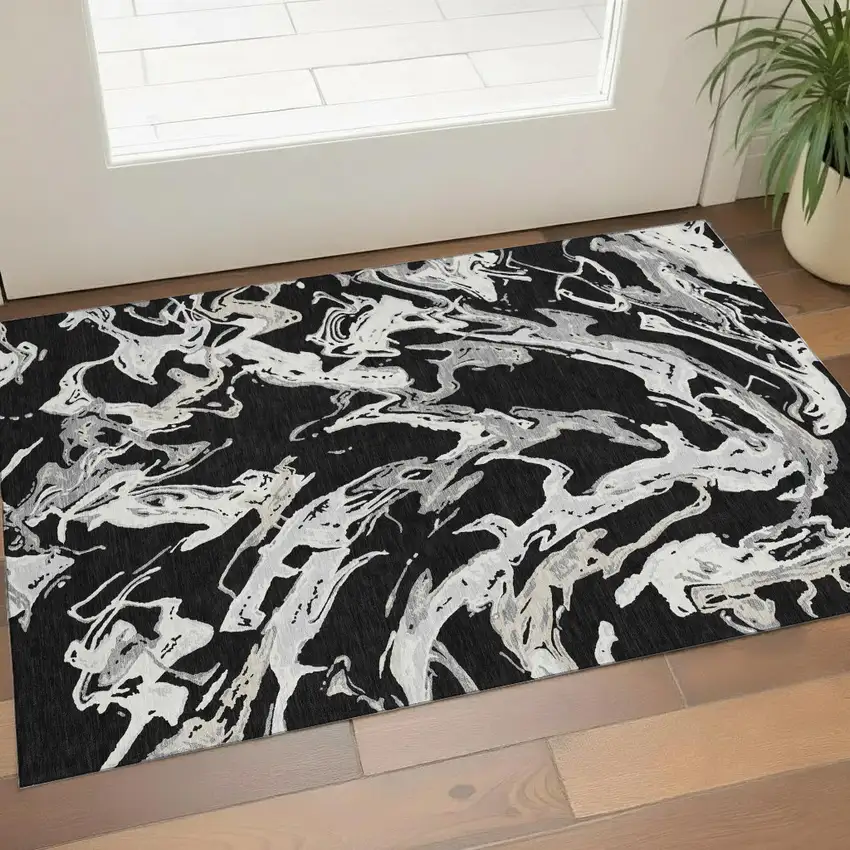 Black Ivory And Gray Abstract Washable Area Rug With UV Protection Photo 1