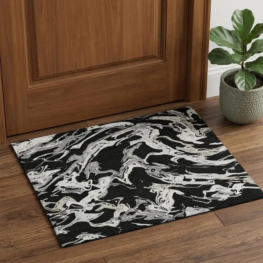 Black Ivory And Gray Abstract Washable Area Rug With UV Protection Photo 1