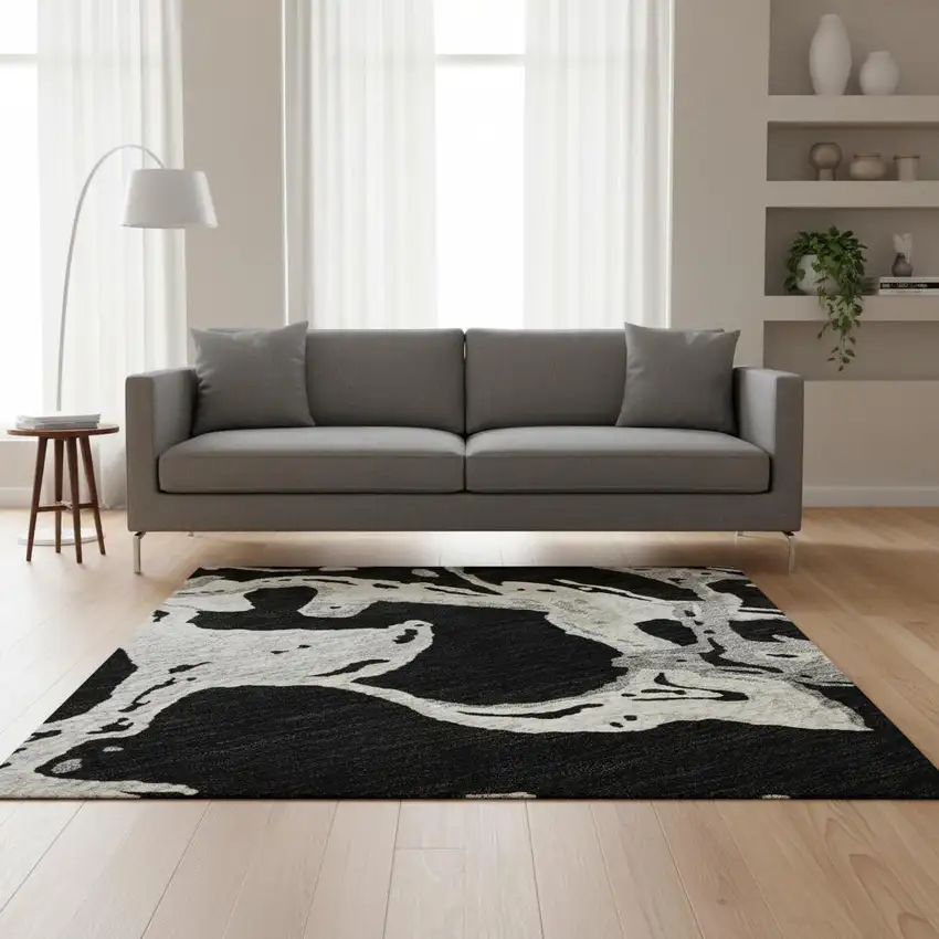 Black Ivory And Gray Abstract Washable Area Rug With UV Protection Photo 2