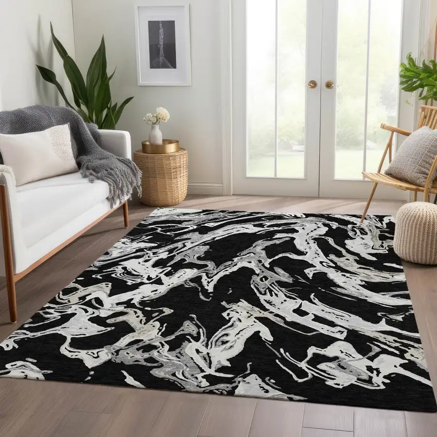 Black Ivory And Gray Abstract Washable Area Rug With UV Protection Photo 6