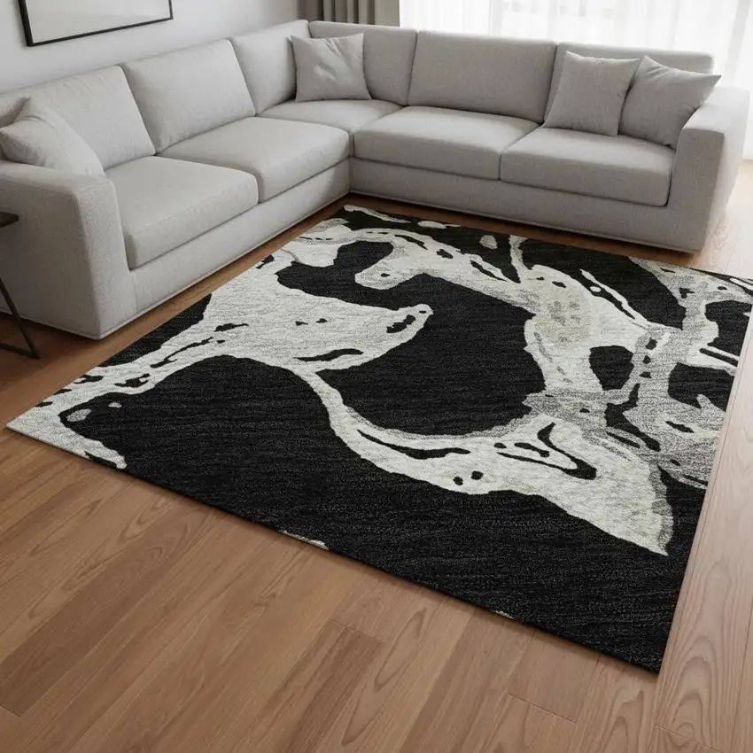 Black Ivory And Gray Abstract Washable Area Rug With UV Protection Photo 2