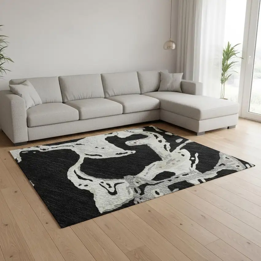 Black Ivory And Gray Abstract Washable Area Rug With UV Protection Photo 2