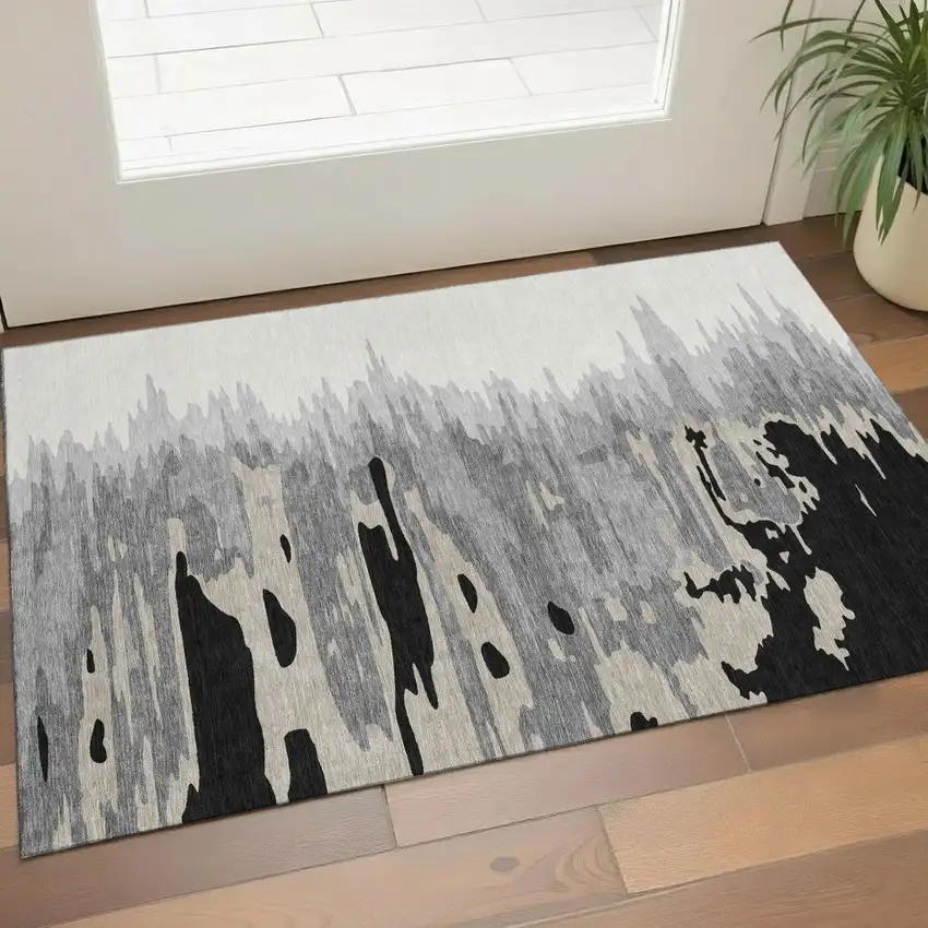 Black Ivory And Gray Abstract Washable Area Rug With UV Protection Photo 1