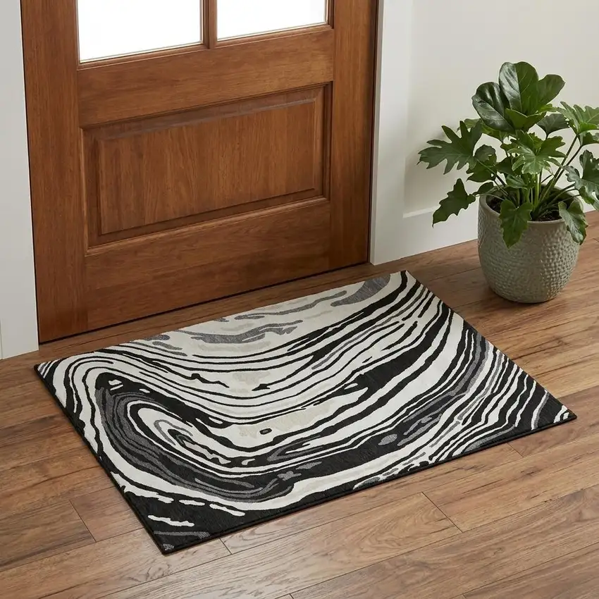Black Ivory And Gray Abstract Washable Area Rug With UV Protection Photo 1