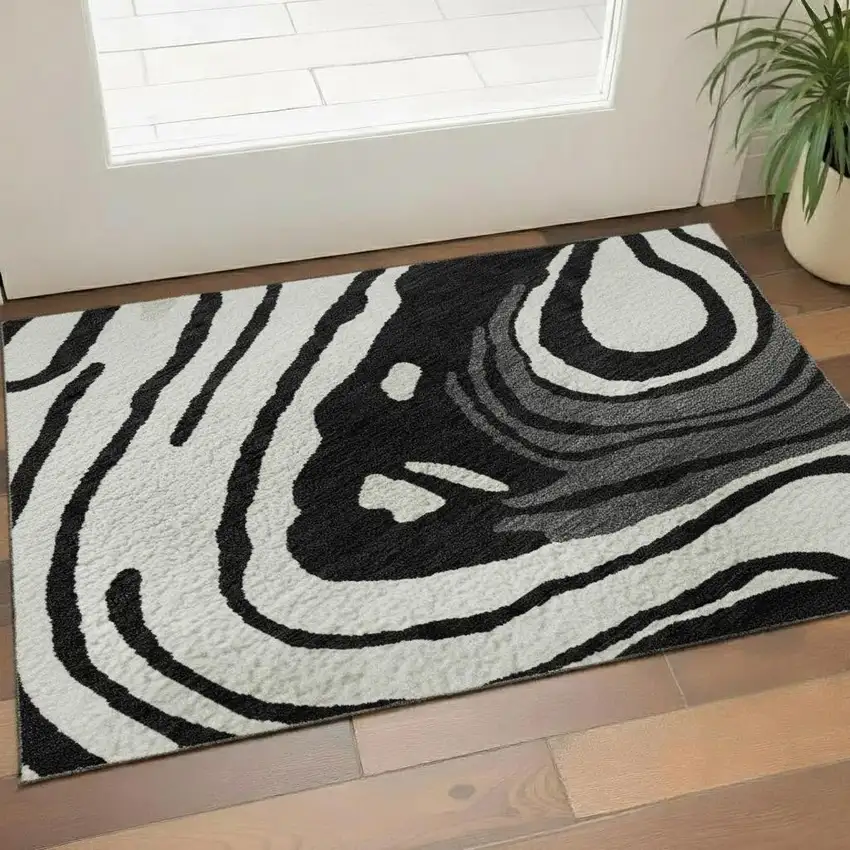 Black Ivory And Gray Abstract Washable Area Rug With UV Protection Photo 2