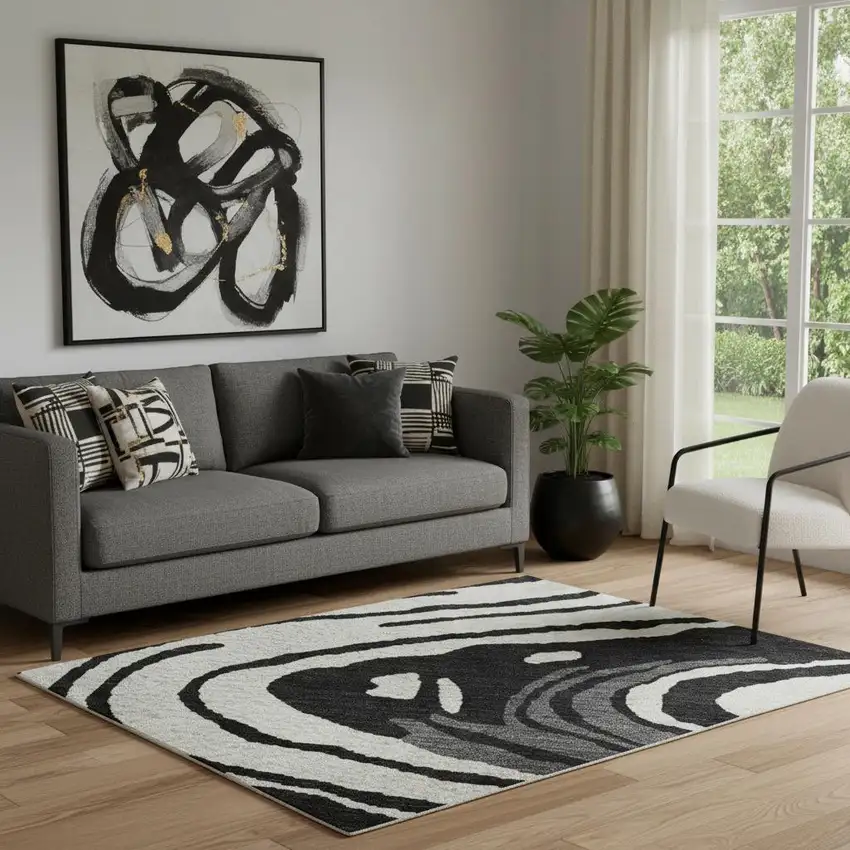 Black Ivory And Gray Abstract Washable Area Rug With UV Protection Photo 2
