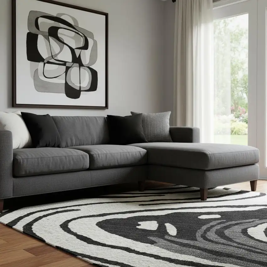 Black Ivory And Gray Abstract Washable Area Rug With UV Protection Photo 2