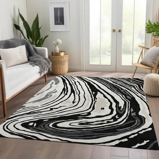Black Ivory And Gray Abstract Washable Area Rug With UV Protection Photo 5