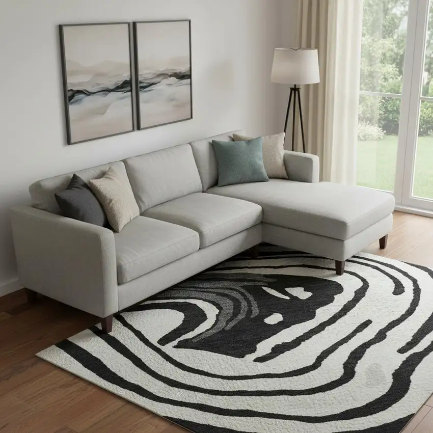 Black Ivory And Gray Abstract Washable Area Rug With UV Protection Photo 2