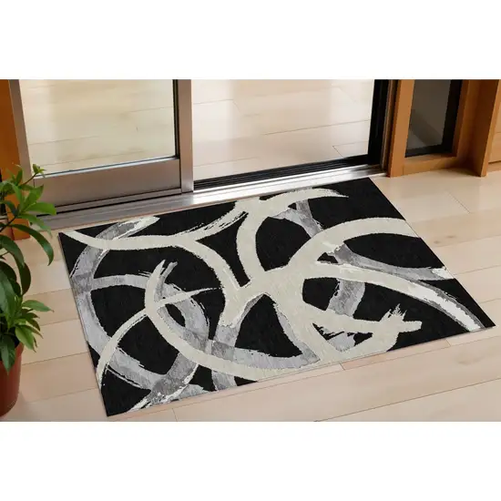 Black Ivory And Gray Abstract Washable Indoor Outdoor Area Rug Photo 1