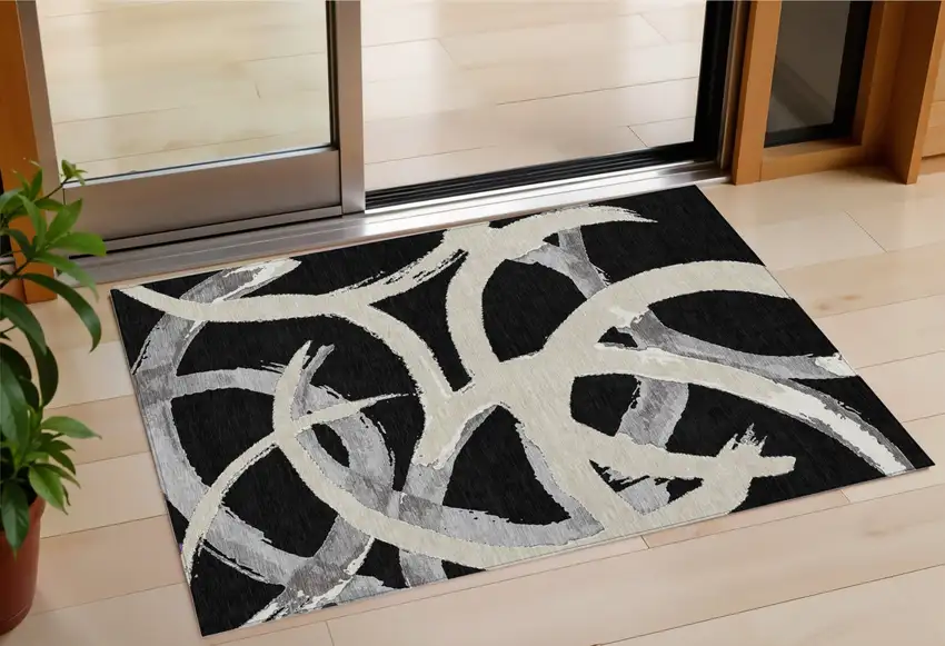 Black Ivory And Gray Abstract Washable Indoor Outdoor Area Rug Photo 1