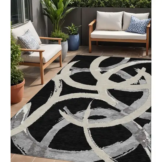 Black Ivory And Gray Abstract Washable Indoor Outdoor Area Rug Photo 1