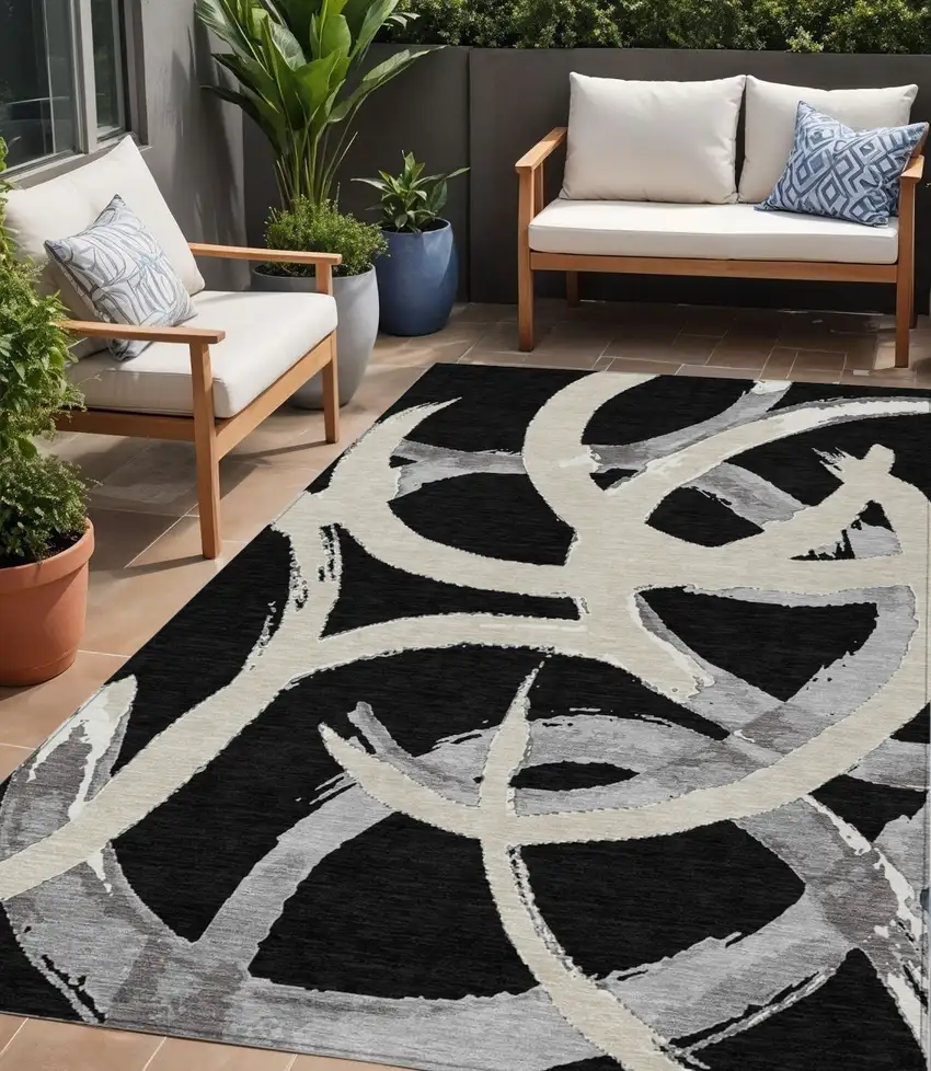 Black Ivory And Gray Abstract Washable Indoor Outdoor Area Rug Photo 1