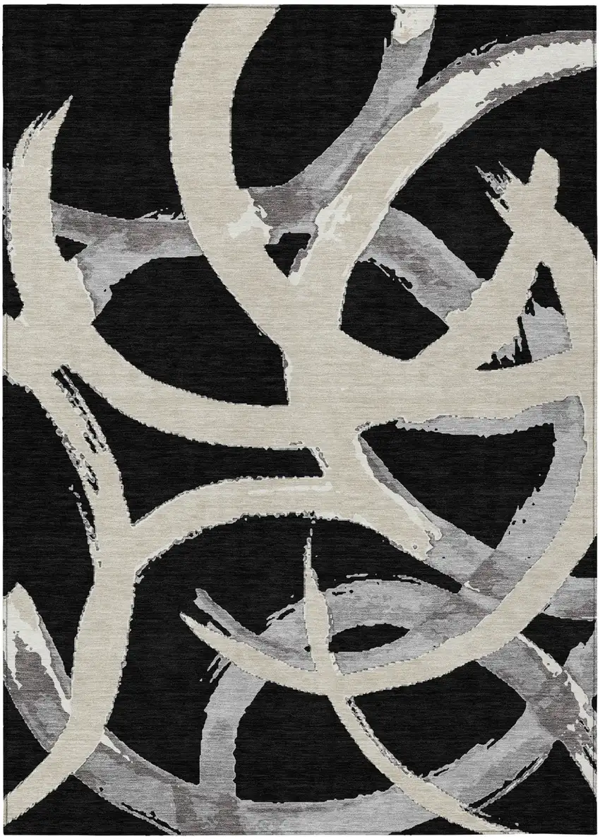 Black Ivory And Gray Abstract Washable Indoor Outdoor Area Rug Photo 2