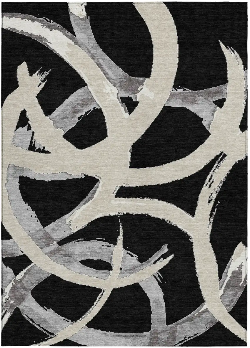 Black Ivory And Gray Abstract Washable Indoor Outdoor Area Rug Photo 8