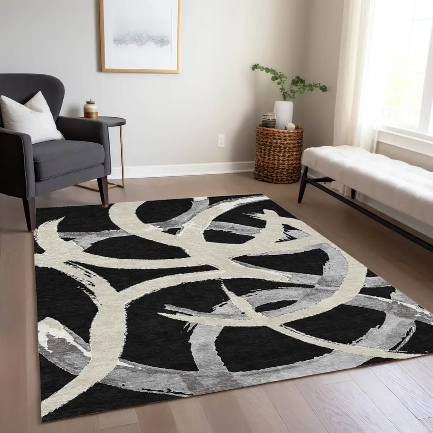 Black Ivory And Gray Abstract Washable Indoor Outdoor Area Rug Photo 9
