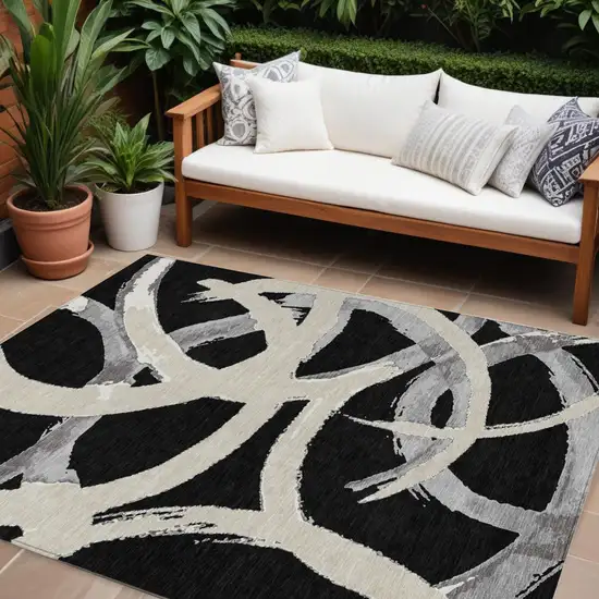 Black Ivory And Gray Abstract Washable Indoor Outdoor Area Rug Photo 1