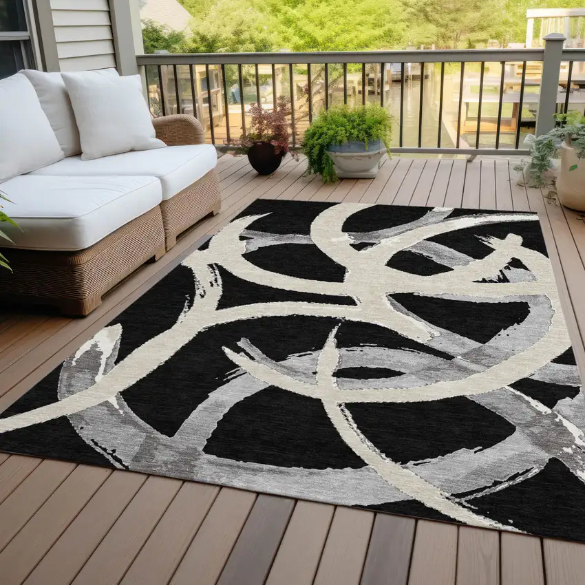 Black Ivory And Gray Abstract Washable Indoor Outdoor Area Rug Photo 9
