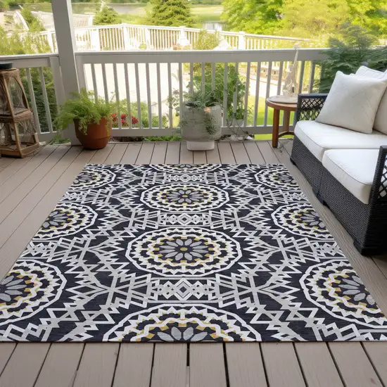 Black Ivory And Gray Floral Medallion Washable Indoor Outdoor Area Rug Photo 9