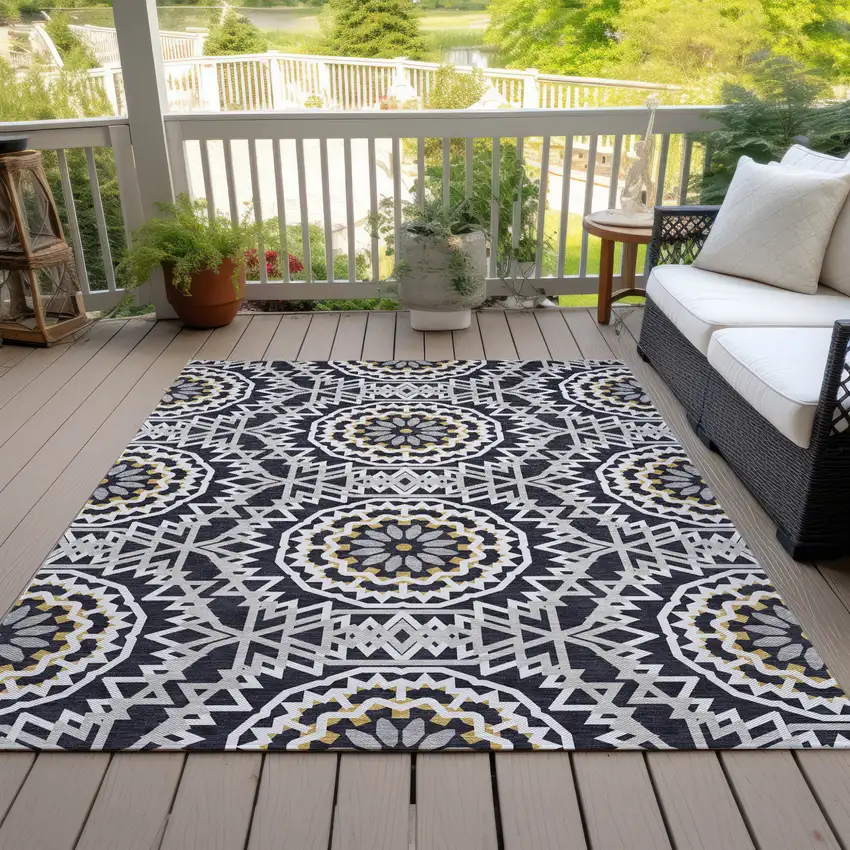 Black Ivory And Gray Floral Medallion Washable Indoor Outdoor Area Rug Photo 9