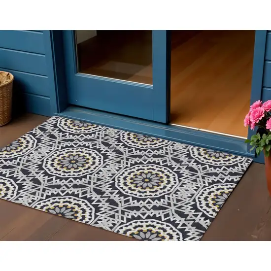 Black Ivory And Gray Floral Medallion Washable Indoor Outdoor Area Rug Photo 1