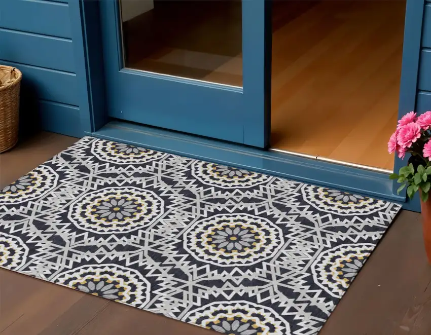 Black Ivory And Gray Floral Medallion Washable Indoor Outdoor Area Rug Photo 1