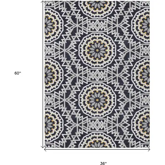 Black Ivory And Gray Floral Medallion Washable Indoor Outdoor Area Rug Photo 3