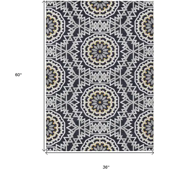 Black Ivory And Gray Floral Medallion Washable Indoor Outdoor Area Rug Photo 3