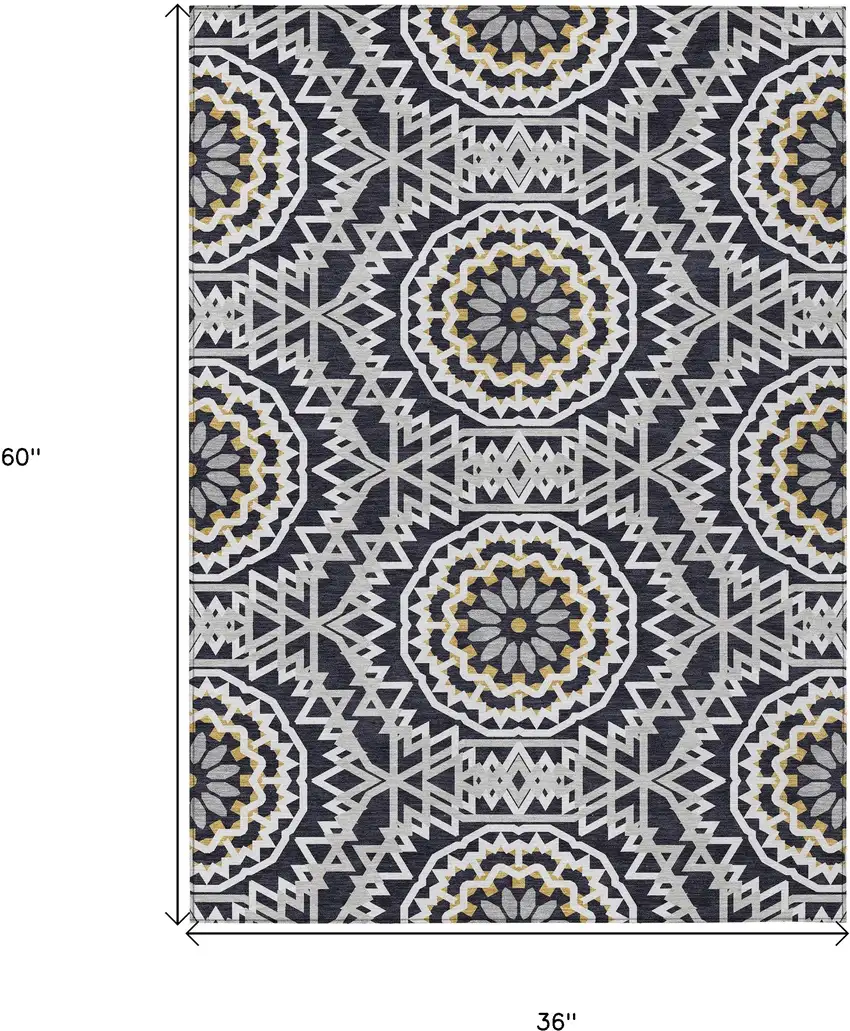 Black Ivory And Gray Floral Medallion Washable Indoor Outdoor Area Rug Photo 3