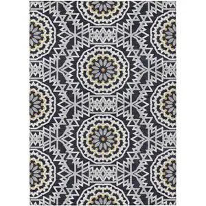 Photo of Black Ivory And Gray Floral Medallion Washable Indoor Outdoor Area Rug