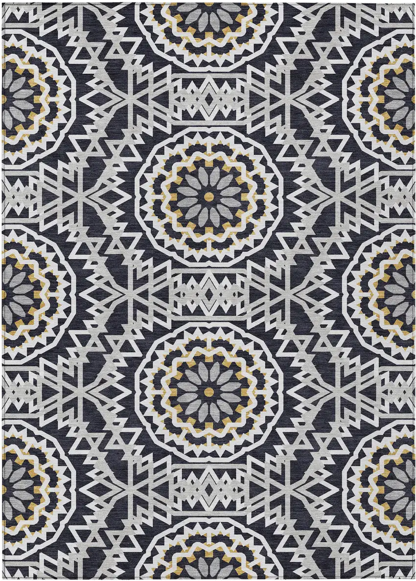 Black Ivory And Gray Floral Medallion Washable Indoor Outdoor Area Rug Photo 2