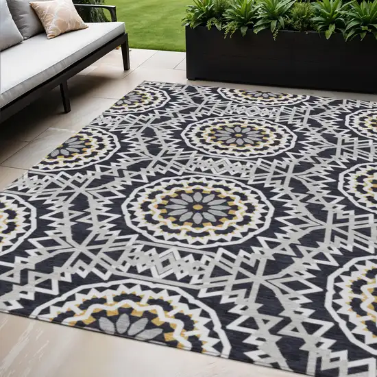 Black Ivory And Gray Floral Medallion Washable Indoor Outdoor Area Rug Photo 1