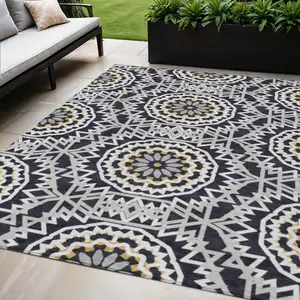 Photo of Black Ivory And Gray Floral Medallion Washable Indoor Outdoor Area Rug