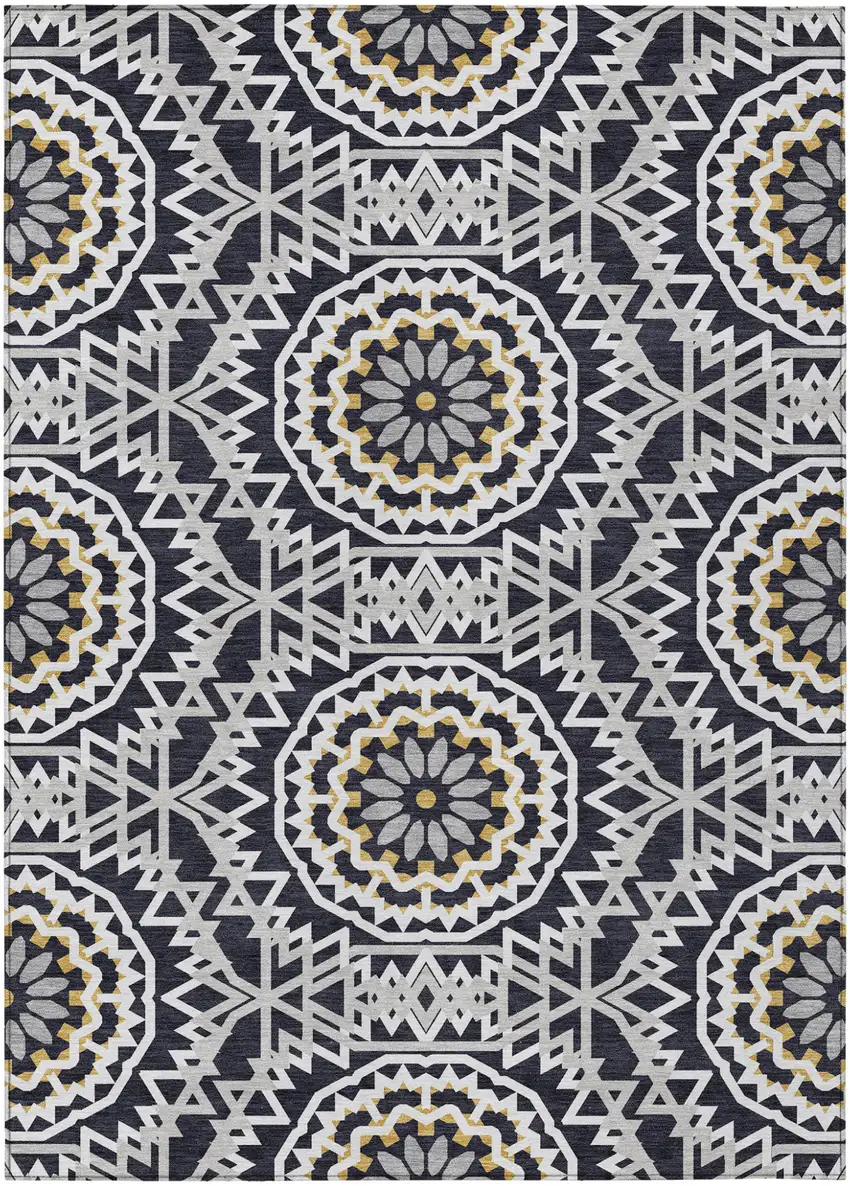 Black Ivory And Gray Floral Medallion Washable Indoor Outdoor Area Rug Photo 2